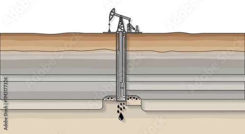 Oil Extraction Process Showing Pumpjack and Underground Layers.