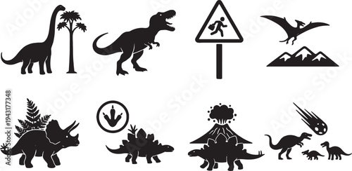 Dinosaur silhouettes and prehistoric icons on white background