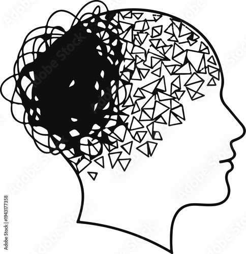 Abstract profile silhouette with fragmented thoughts dissolving