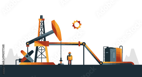 Oil Pumpjack and Worker in Industrial Setting.