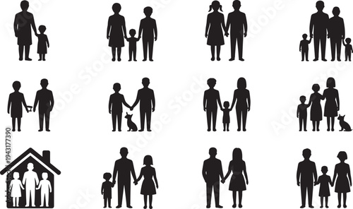Various silhouettes of families and individuals in different compositions children