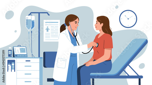 A doctor performs a routine checkup on a woman patient in a brightly lit medical office