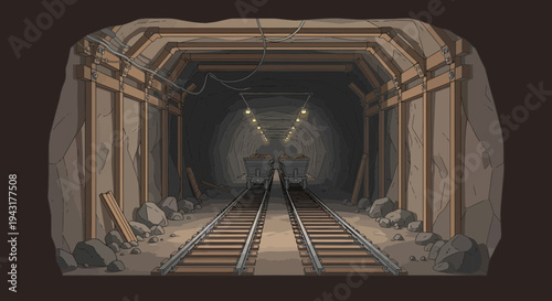 Old Abandoned Mine Tunnel With Railroad Tracks.