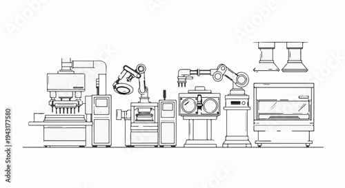 Industrial automated machinery line with robotic arms and equipment