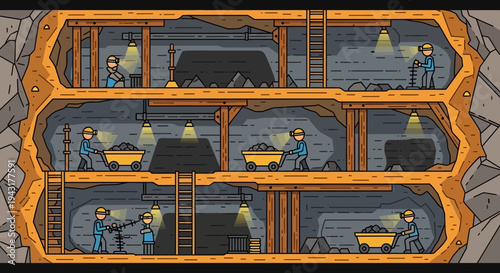 Pixel Art Miners Working in Underground Mine Tunnels.