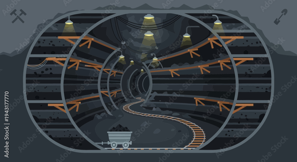 Fototapeta premium Underground Mine Tunnel with Cart and Lights.