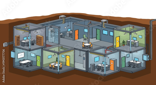 Underground Bunker Complex with Multiple Rooms and Offices.