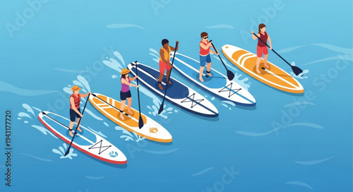 Paddleboarders on calm blue water.