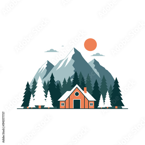 Cabin in the Mountains with Snow.