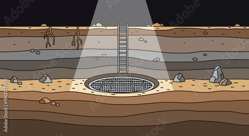 Underground entrance with ladder and light beam.