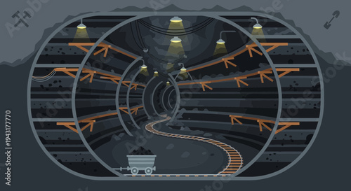 Underground Mine Tunnel with Cart and Lights.