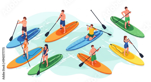 Paddleboarders on calm water surface.