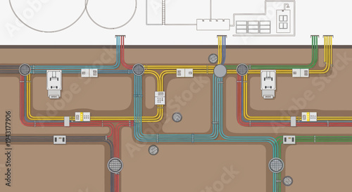 Underground Utility System Diagram with ColorCoded Pipes.