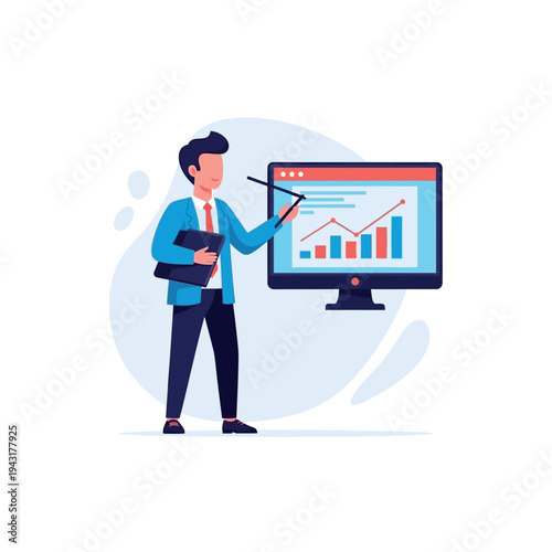 Man presenting data on computer screen.