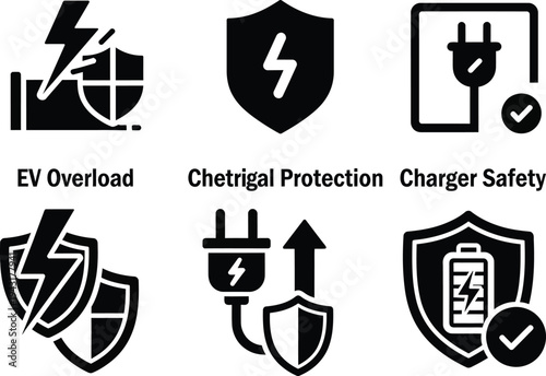 Collection of icons related to electric vehicle charging safety and overload protection