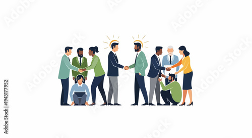 Diverse business people collaborate and shake hands in a professional meeting