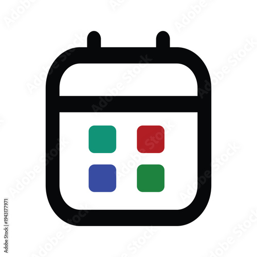 Minimalist Calendar Icon with Colorful Date Squares and Rounded Black Frame Vector.