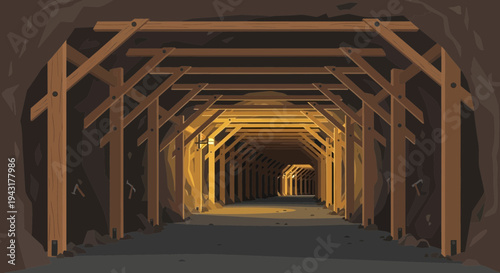 Wooden Support Structure in Dark Mine Tunnel.