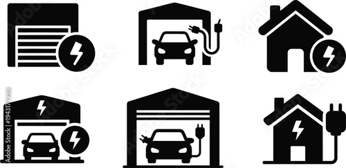 Collection of Icons Representing Electric Vehicle Charging Stations at Home and Garages