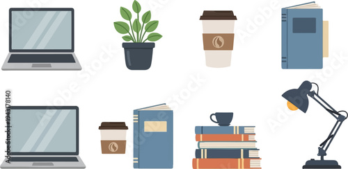 Desk setup with laptops, books, coffee, plant, and desk lamp