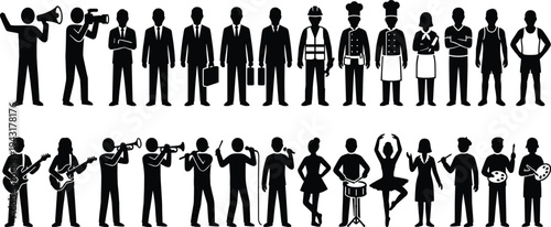 Profession and hobby people silhouettes collection workers musicians artists and professionals occupation activity set isolated black vector illustration
