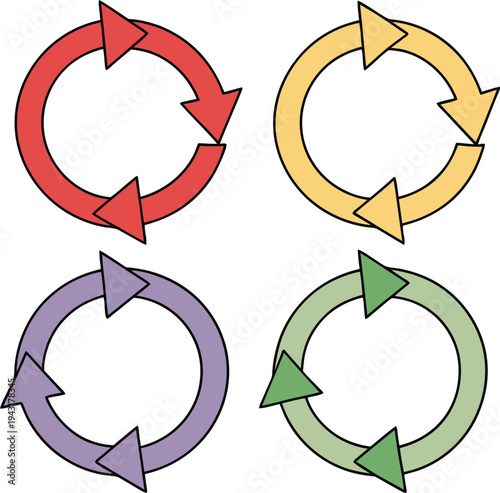 Colorful circular arrows in red yellow purple and green on white background