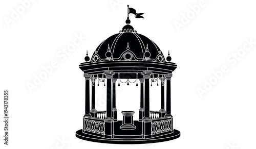 Black and white illustration of a domed pavilion with a weather vane on top