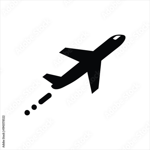 Black silhouette of an airplane ascending with contrails on a white background, representing travel and aviation