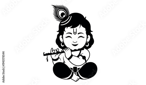 A serene illustration of lord krishna playing a flute with a peacock feather