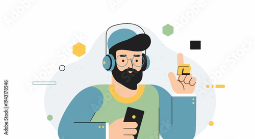 Flat illustration of a person with headphones holding a phone, wearing glasses and a hat