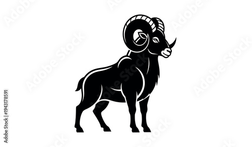 A black and white illustration of a majestic ram with curved horns