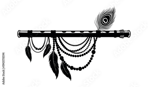 A black and white illustration of a flute with a peacock feather and beads