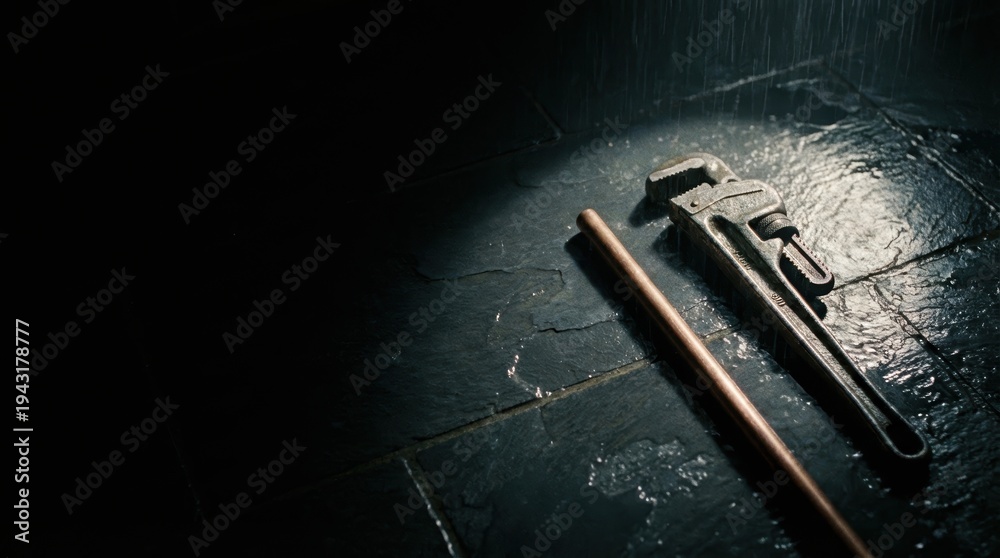 Obraz premium A heavy duty pipe wrench and a copper pipe segment lie on a dark wet textured floor under falling water drops