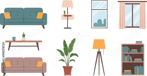 Cozy living room elements sofas, tables, lamps, plants, window, and bookshelf