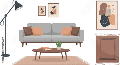 Modern living room with sofa, coffee table, rug, and art