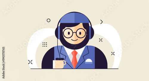 Friendly service representative with headphones and a warm smile, holding a cup