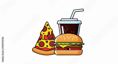 Delicious slice of pepperoni pizza next to a juicy cheeseburger and a cola drink