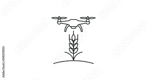 Minimalist Drone Hovering Over Wheat Plant - Smart Agriculture and Agri-Tech Farming Concept Line Art.