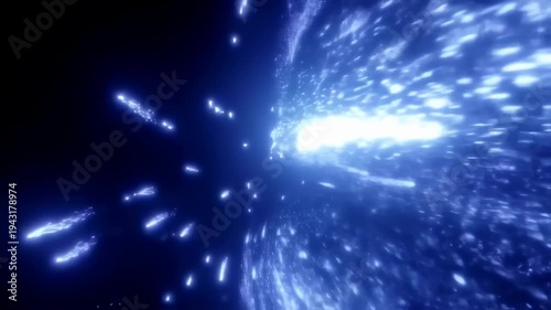 Abstract Blue Light Particles Flowing Through Dark Space.