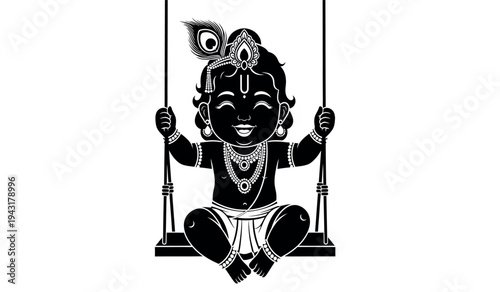 Hindu deity krishna swinging on a swing in traditional attire