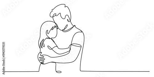 Minimalist Continuous Line Drawing of Father Hugging Daughter