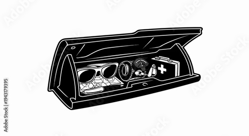 Open glove compartment filled with travel essentials sunglasses, map, medical kit, and gauge