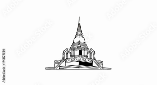 Ornate, tiered structure with a pointed spire, detailed with multiple levels and arches