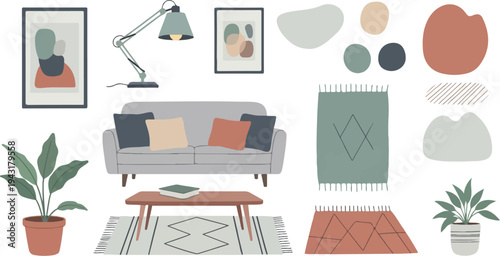 Modern abstract living room with sofa, plants, rugs, and decor