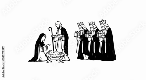 Nativity scene with Mary, Joseph, baby Jesus, and three kings