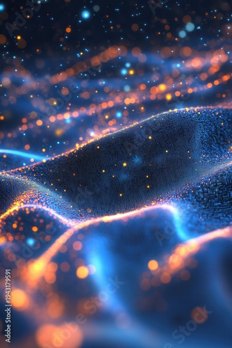 Soft waves glow with blue and amber light