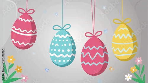 Easter eggs hanging on strings.