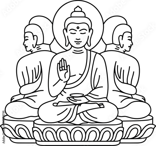 Buddha statue with three faces sitting in meditation vector illustration, flat design
