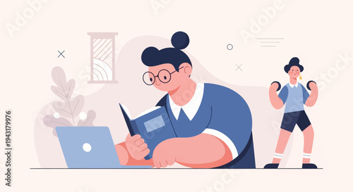 Person reading book on laptop while another person exercises