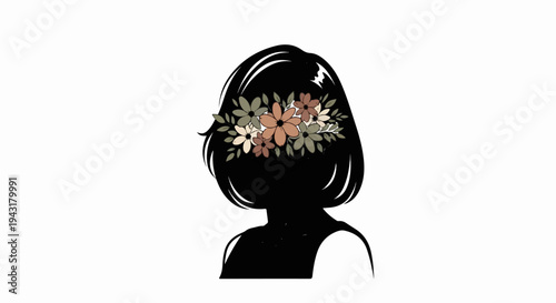 Silhouette of a head adorned with a crown of muted flowers and leaves